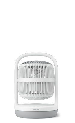 Un petit ventilateur de table Philips s&eacute;rie&nbsp;3000 avec ext&eacute;rieur blanc et base grise.