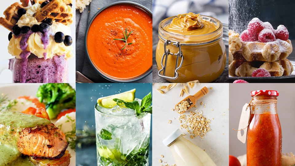 Pr&eacute;parations vari&eacute;es&nbsp;: smoothie aux myrtilles, velout&eacute; de tomates, beurre de cacahu&egrave;tes, gaufres aux framboises et au sucre en poudre, sauce au basilic, mojito avec de la glace pil&eacute;e, lait d'avoine, sauce tomate &eacute;paisse.