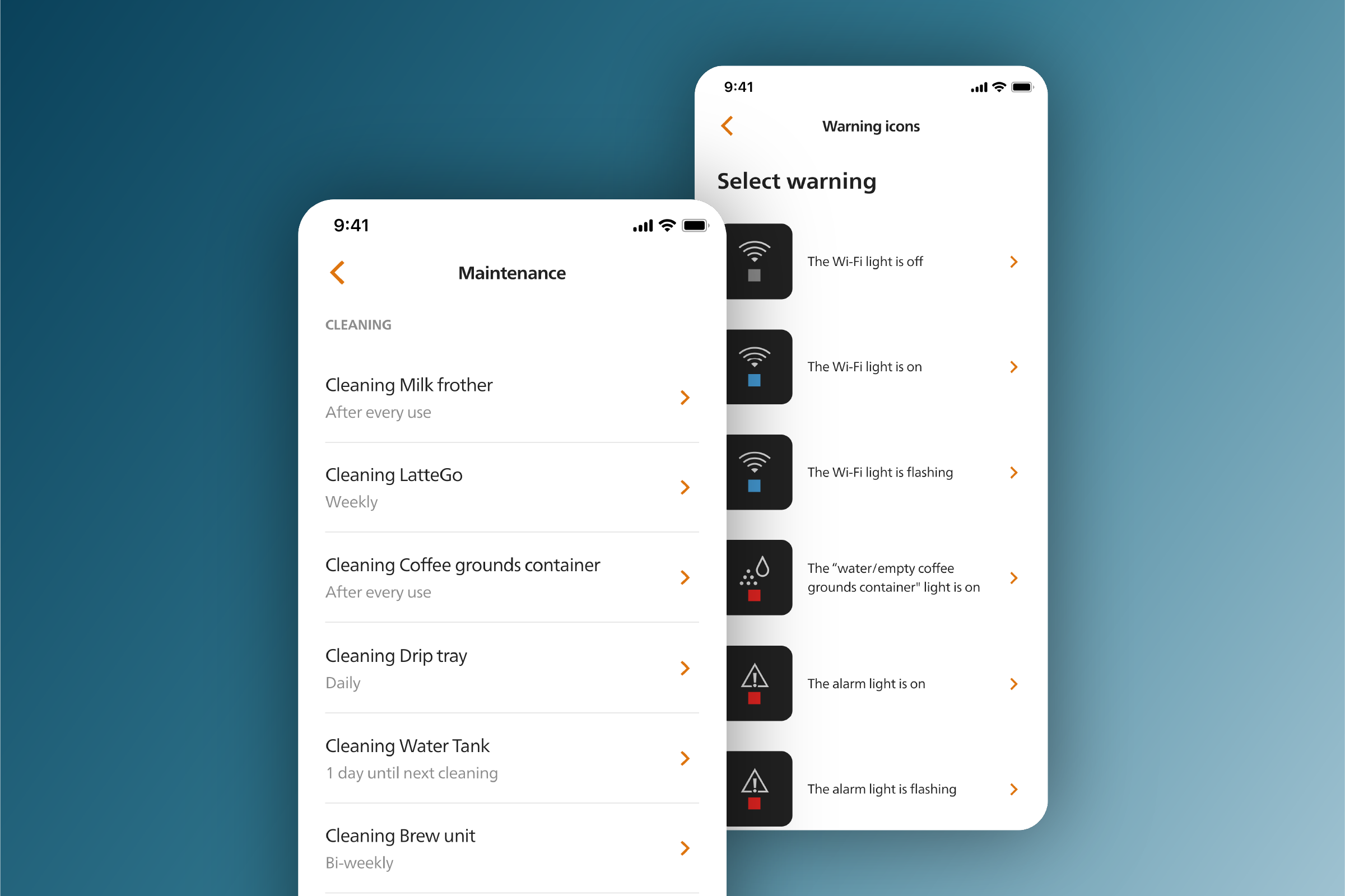 Application Philips Coffee+, donn&eacute;es d'entretien et d'assistance sur des &eacute;crans de t&eacute;l&eacute;phone