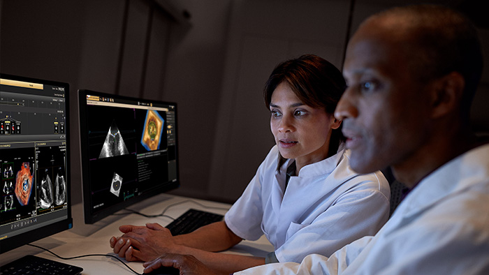 M&eacute;decin v&eacute;rifiant l&rsquo;&eacute;chographie &agrave; partir du moniteur de l&rsquo;outil clinique